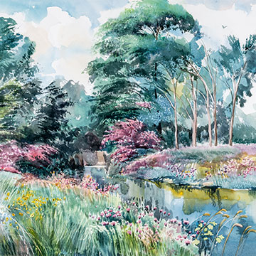 landscape painting of grasses, flowers and trees near a still stream on a windy and partly cloudy day